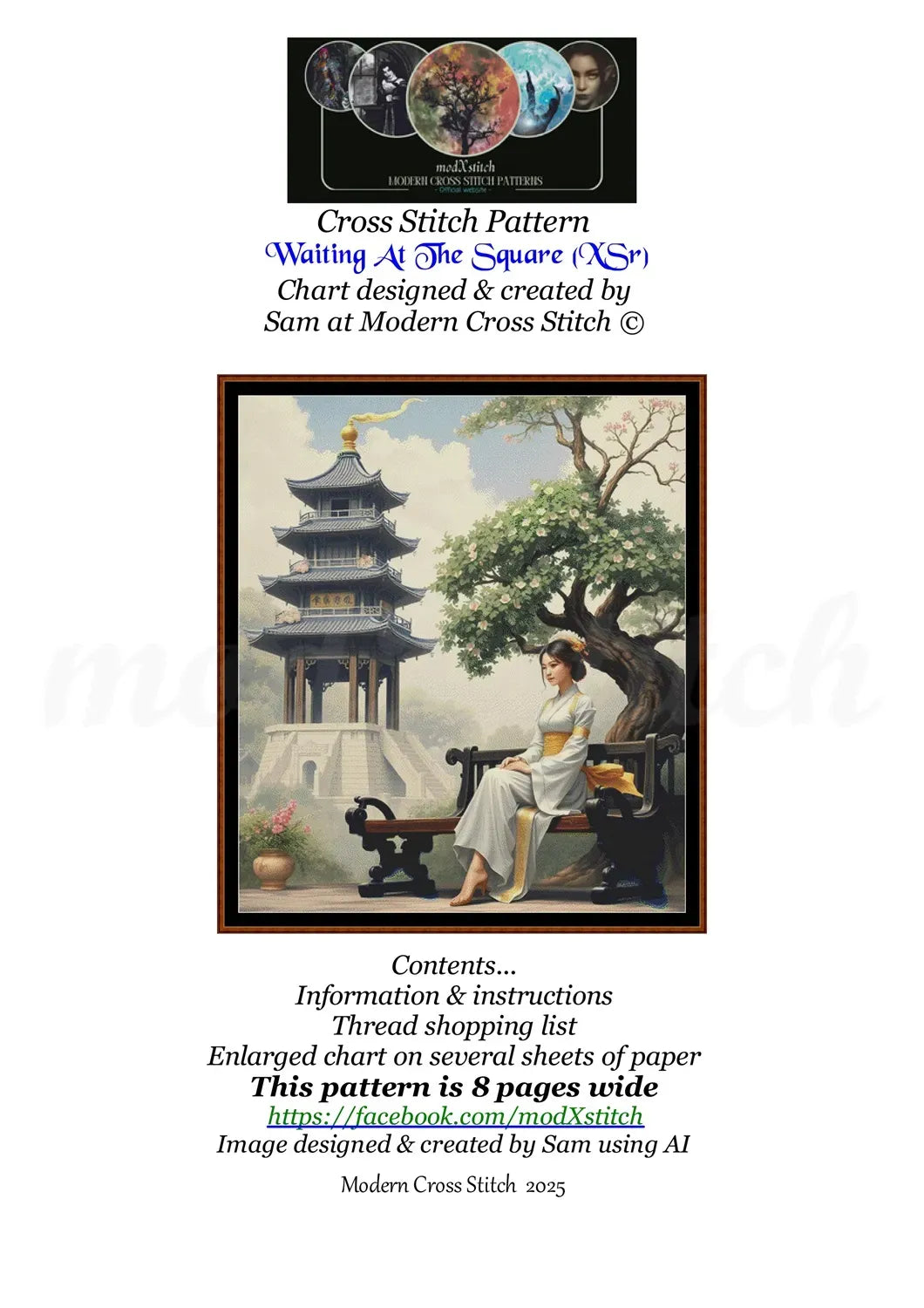 Waiting At The Square Oriental cross stitch pattern A unique and exclusive design to modXstitch, conceived and expertly created with the help of AI, by Sam. Waiting At The Square is an Oriental-style cross stitch pattern that comes as a full coverage pattern with absolutely no back-stitching or pesky half-stitches. Also, Waiting At The Square is available in 2 different design sizes - cross stitch regular & XL And each sale includes both B&W and colour charts