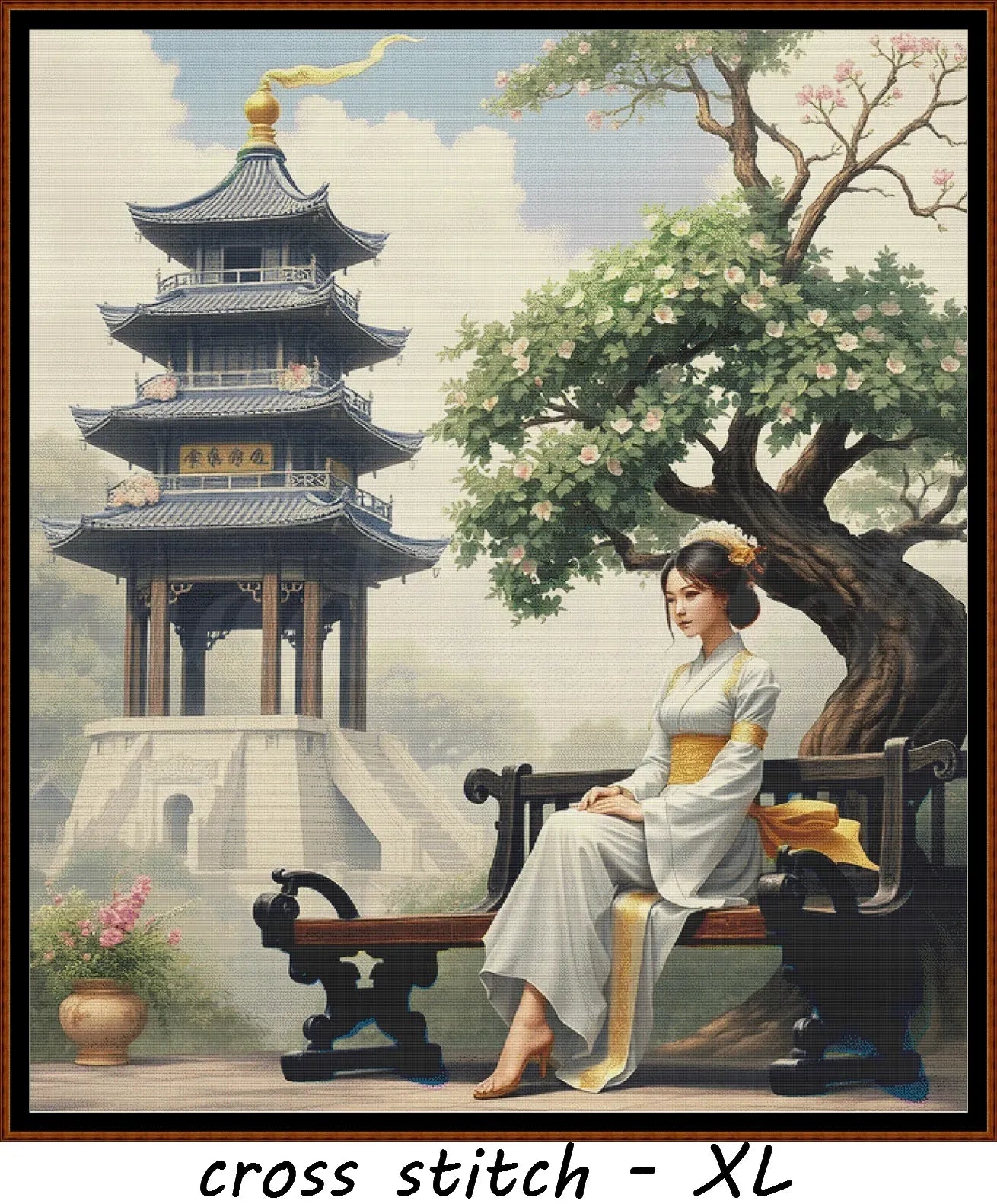 Waiting At The Square Oriental cross stitch pattern A unique and exclusive design to modXstitch, conceived and expertly created with the help of AI, by Sam. Waiting At The Square is an Oriental-style cross stitch pattern that comes as a full coverage pattern with absolutely no back-stitching or pesky half-stitches. Also, Waiting At The Square is available in 2 different design sizes - cross stitch regular & XL And each sale includes both B&W and colour charts