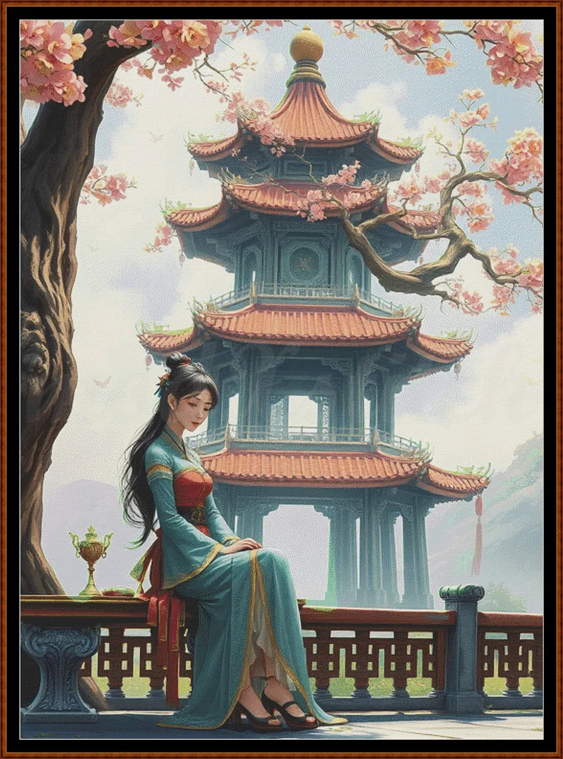 Still Waiting Oriental cross stitch pattern A unique and exclusive design to modXstitch, conceived and expertly created with the help of AI, by Sam. Still Waiting is an Oriental-style cross stitch pattern that comes as a full coverage pattern with absolutely no back-stitching or pesky half-stitches. Also, Still Waiting is available in 2 different design sizes - cross stitch regular & XL And each sale includes both B&W and colour charts