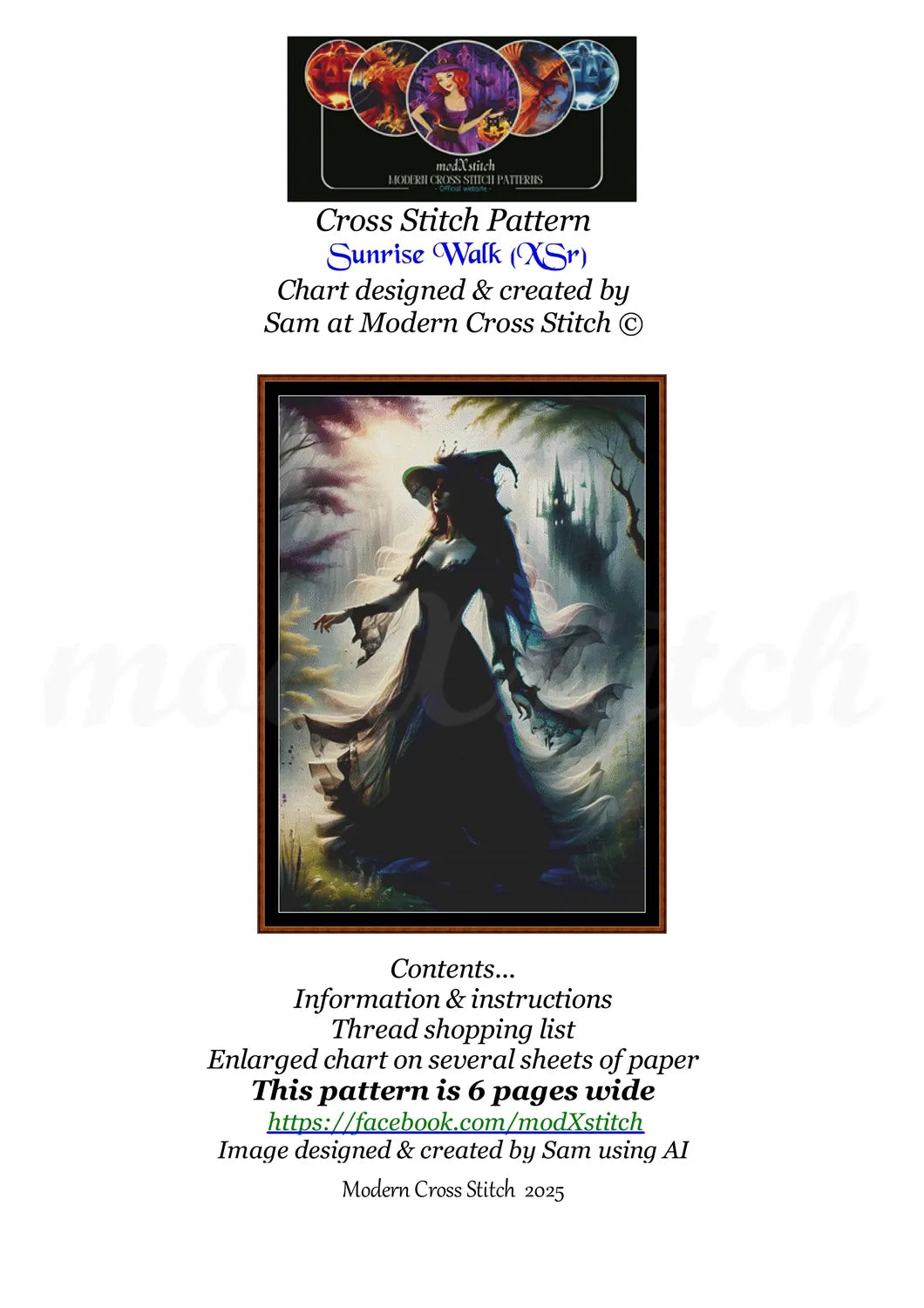 Sunrise Walk cross stitch pattern A unique and exclusive design to modXstitch, conceived and expertly created with the help of AI, by Sam. Sunrise Walk is a fantasy witch style cross stitch pattern that comes as a full coverage pattern with absolutely no back-stitching or pesky half-stitches. Also, Sunrise Walk is available in 2 different design sizes - cross stitch regular & XL And each sale includes both B&W and colour charts