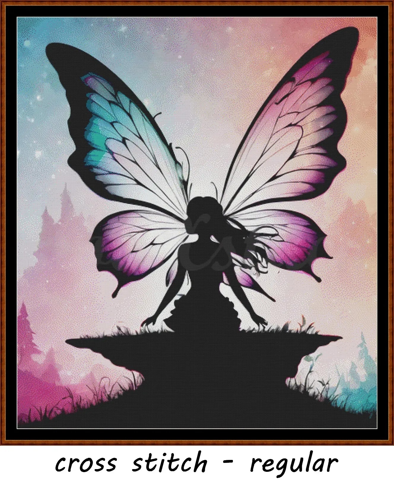 Swallowtail Fairy Silhouette cross stitch pattern A unique and exclusive design to modXstitch, conceived and expertly created with the help of AI, by Sam. Swallowtail Fairy Silhouette is a fantasy style cross stitch pattern that comes as a full coverage pattern with absolutely no back-stitching or pesky half-stitches. Also, Swallowtail Fairy Silhouette is available in 2 different design sizes - cross stitch regular & XL And each sale includes both B&W and colour charts