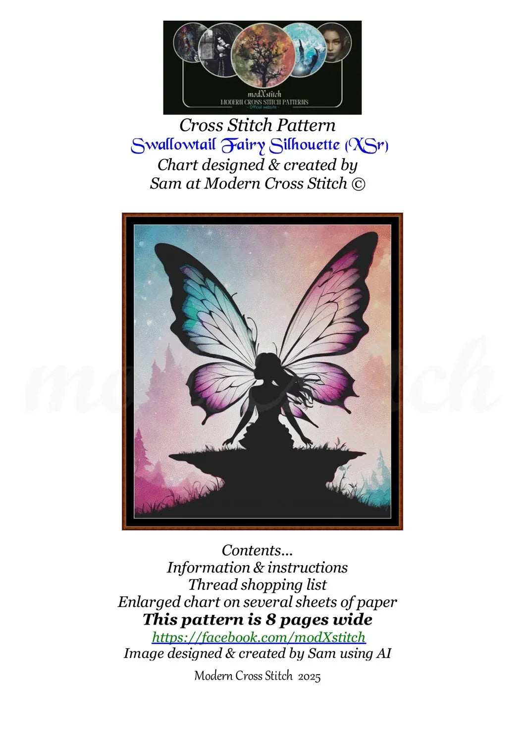 Swallowtail Fairy Silhouette cross stitch pattern A unique and exclusive design to modXstitch, conceived and expertly created with the help of AI, by Sam. Swallowtail Fairy Silhouette is a fantasy style cross stitch pattern that comes as a full coverage pattern with absolutely no back-stitching or pesky half-stitches. Also, Swallowtail Fairy Silhouette is available in 2 different design sizes - cross stitch regular & XL And each sale includes both B&W and colour charts