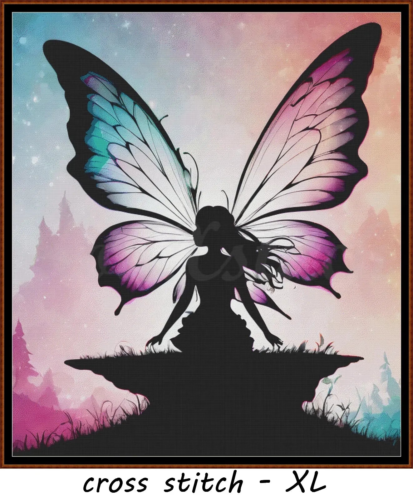 Swallowtail Fairy Silhouette cross stitch pattern A unique and exclusive design to modXstitch, conceived and expertly created with the help of AI, by Sam. Swallowtail Fairy Silhouette is a fantasy style cross stitch pattern that comes as a full coverage pattern with absolutely no back-stitching or pesky half-stitches. Also, Swallowtail Fairy Silhouette is available in 2 different design sizes - cross stitch regular & XL And each sale includes both B&W and colour charts