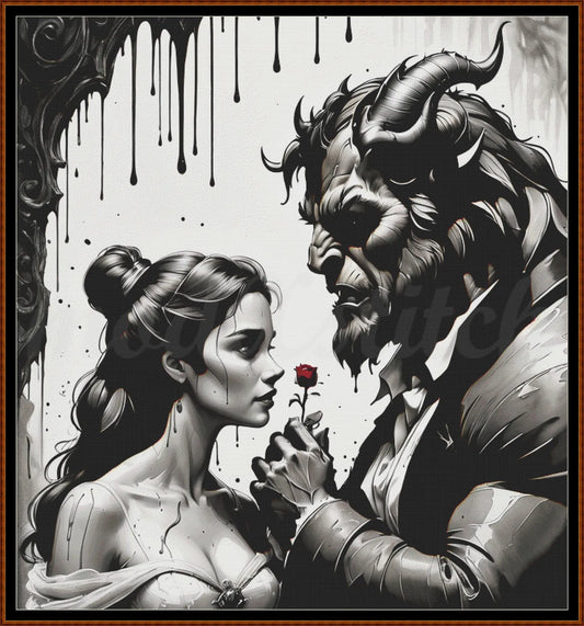 Beast In Love cross stitch pattern A unique and exclusive design to modXstitch, conceived and expertly created with the help of AI, by Sam. Beast In Love is a fantasy style cross stitch pattern that comes as a full coverage pattern with absolutely no back-stitching or pesky half-stitches. Also, Beast In Love is available in 2 different design sizes - cross stitch regular & XL And each sale includes both B&W and colour charts