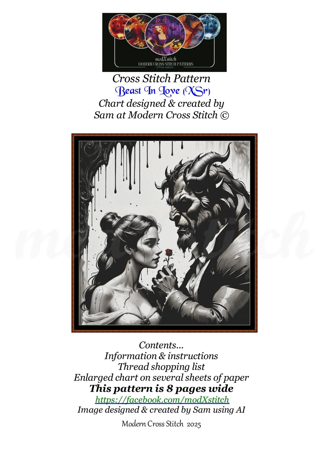 Beast In Love cross stitch pattern A unique and exclusive design to modXstitch, conceived and expertly created with the help of AI, by Sam. Beast In Love is a fantasy style cross stitch pattern that comes as a full coverage pattern with absolutely no back-stitching or pesky half-stitches. Also, Beast In Love is available in 2 different design sizes - cross stitch regular & XL And each sale includes both B&W and colour charts
