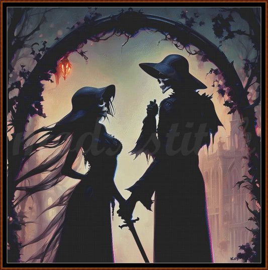 Grim Love - The Wedding cross stitch pattern A unique and exclusive design to modXstitch, conceived and expertly created with the help of AI, by Sam. Grim Love - The Wedding is a dark fantasy style cross stitch pattern that comes as a full coverage pattern with absolutely no back-stitching or pesky half-stitches. Also, Grim Love - The Wedding is available in 2 different design sizes - cross stitch regular & XL And each sale includes both B&W and colour charts