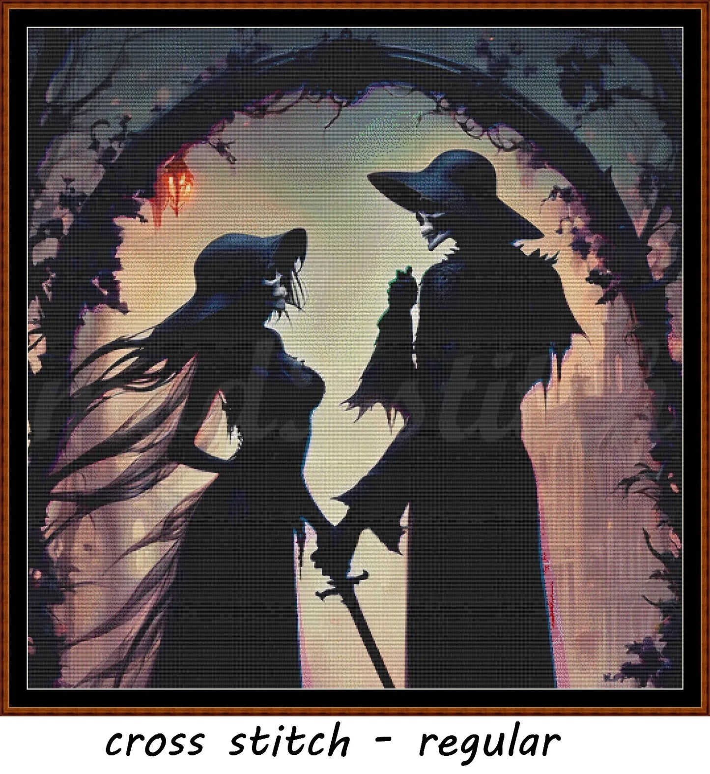 Grim Love - The Wedding cross stitch pattern A unique and exclusive design to modXstitch, conceived and expertly created with the help of AI, by Sam. Grim Love - The Wedding is a dark fantasy style cross stitch pattern that comes as a full coverage pattern with absolutely no back-stitching or pesky half-stitches. Also, Grim Love - The Wedding is available in 2 different design sizes - cross stitch regular & XL And each sale includes both B&W and colour charts
