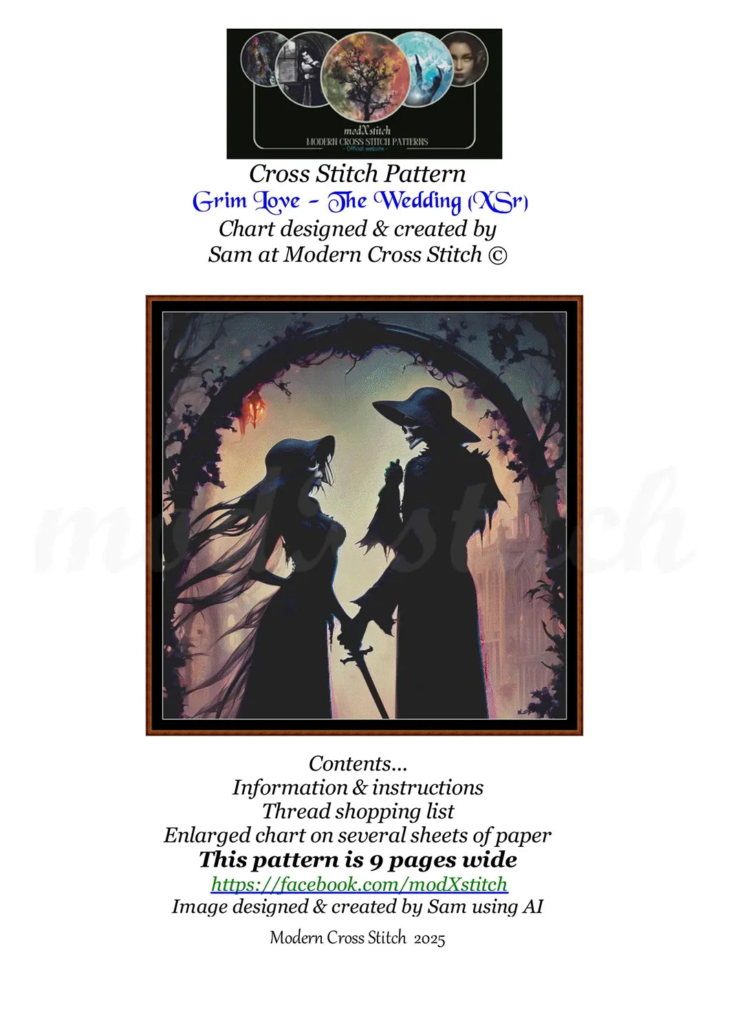Grim Love - The Wedding cross stitch pattern A unique and exclusive design to modXstitch, conceived and expertly created with the help of AI, by Sam. Grim Love - The Wedding is a dark fantasy style cross stitch pattern that comes as a full coverage pattern with absolutely no back-stitching or pesky half-stitches. Also, Grim Love - The Wedding is available in 2 different design sizes - cross stitch regular & XL And each sale includes both B&W and colour charts