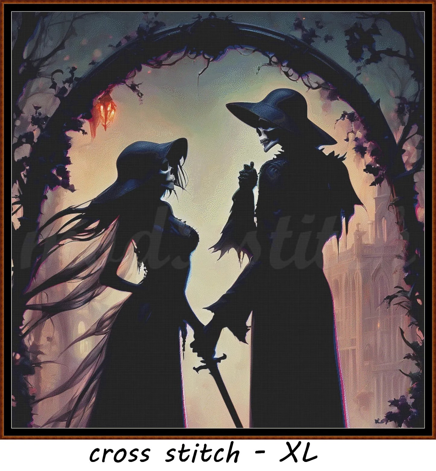 Grim Love - The Wedding cross stitch pattern A unique and exclusive design to modXstitch, conceived and expertly created with the help of AI, by Sam. Grim Love - The Wedding is a dark fantasy style cross stitch pattern that comes as a full coverage pattern with absolutely no back-stitching or pesky half-stitches. Also, Grim Love - The Wedding is available in 2 different design sizes - cross stitch regular & XL And each sale includes both B&W and colour charts