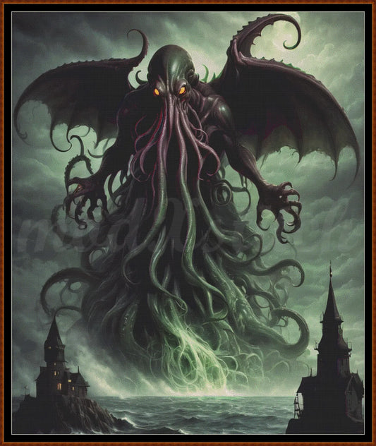 Cthulhu cross stitch pattern A unique and exclusive design to modXstitch, conceived and expertly created with the help of AI, by Sam. Cthulhu is a mythical beast style cross stitch pattern that comes as a full coverage pattern with absolutely no back-stitching or pesky half-stitches. Also, Cthulhu is available in 2 different design sizes - cross stitch regular & XL And each sale includes both B&W and colour charts