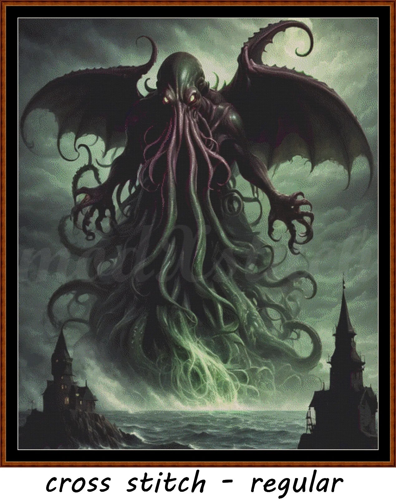 Cthulhu cross stitch pattern A unique and exclusive design to modXstitch, conceived and expertly created with the help of AI, by Sam. Cthulhu is a mythical beast style cross stitch pattern that comes as a full coverage pattern with absolutely no back-stitching or pesky half-stitches. Also, Cthulhu is available in 2 different design sizes - cross stitch regular & XL And each sale includes both B&W and colour charts