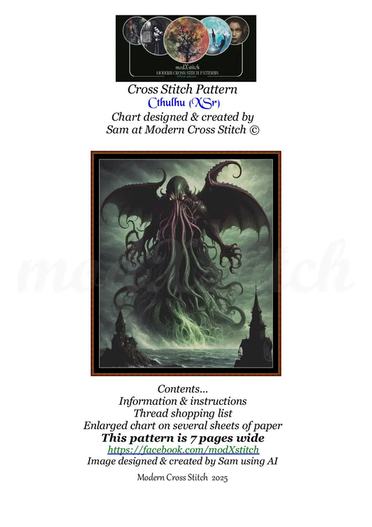 Cthulhu cross stitch pattern A unique and exclusive design to modXstitch, conceived and expertly created with the help of AI, by Sam. Cthulhu is a mythical beast style cross stitch pattern that comes as a full coverage pattern with absolutely no back-stitching or pesky half-stitches. Also, Cthulhu is available in 2 different design sizes - cross stitch regular & XL And each sale includes both B&W and colour charts