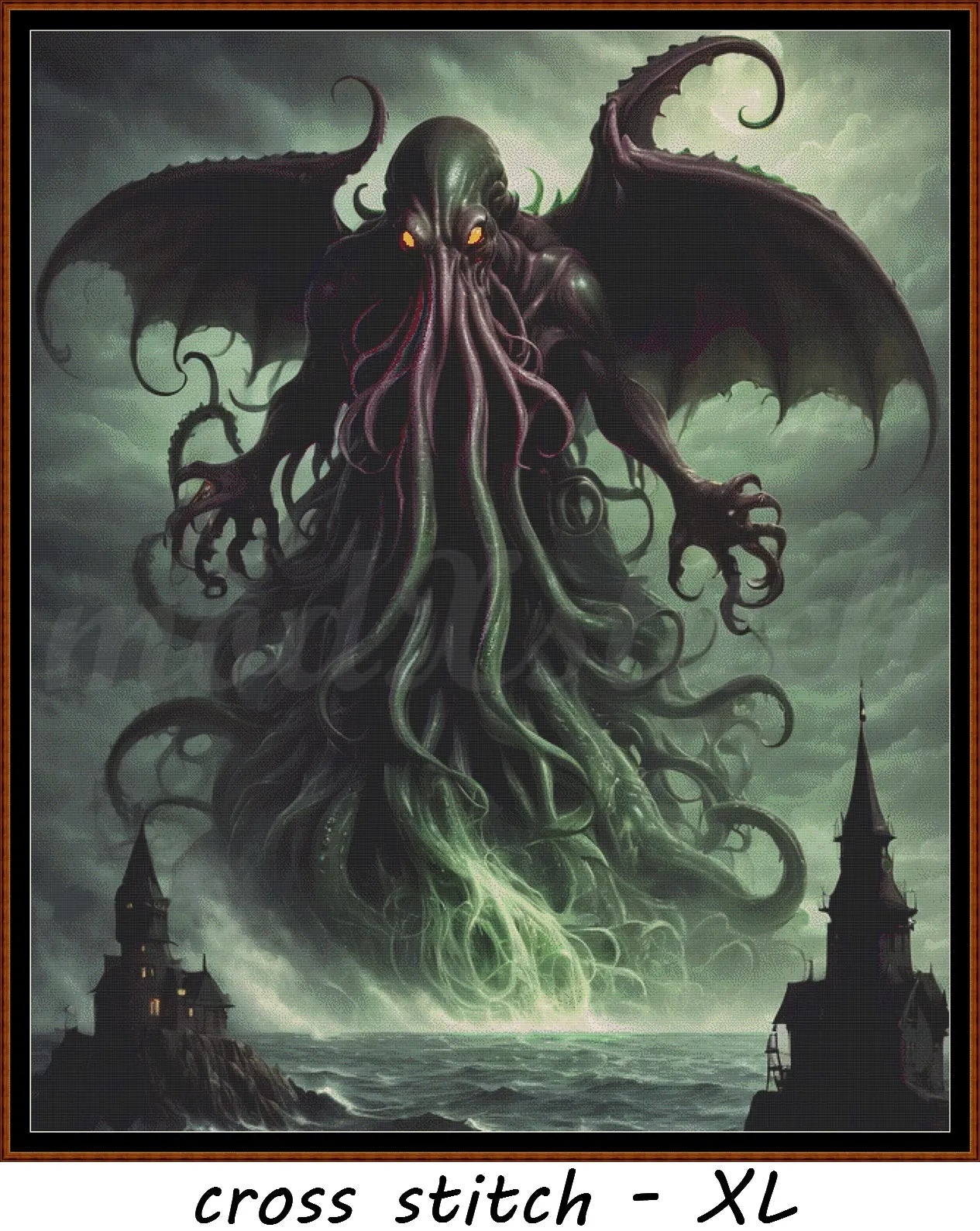 Cthulhu cross stitch pattern A unique and exclusive design to modXstitch, conceived and expertly created with the help of AI, by Sam. Cthulhu is a mythical beast style cross stitch pattern that comes as a full coverage pattern with absolutely no back-stitching or pesky half-stitches. Also, Cthulhu is available in 2 different design sizes - cross stitch regular & XL And each sale includes both B&W and colour charts