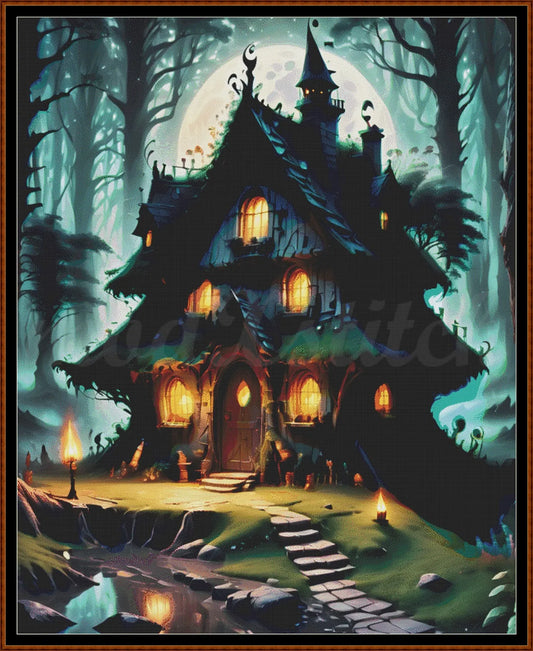 Witch's Cottage cross stitch pattern A unique and exclusive design to modXstitch, conceived and expertly created with the help of AI, by Sam.
