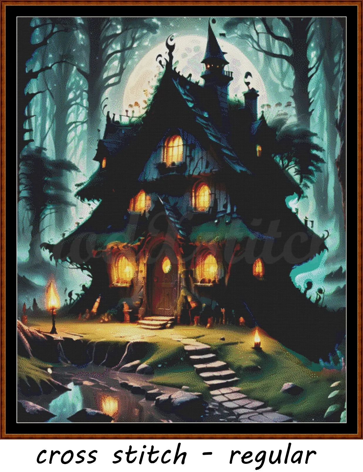 Witch's Cottage cross stitch pattern A unique and exclusive design to modXstitch, conceived and expertly created with the help of AI, by Sam.