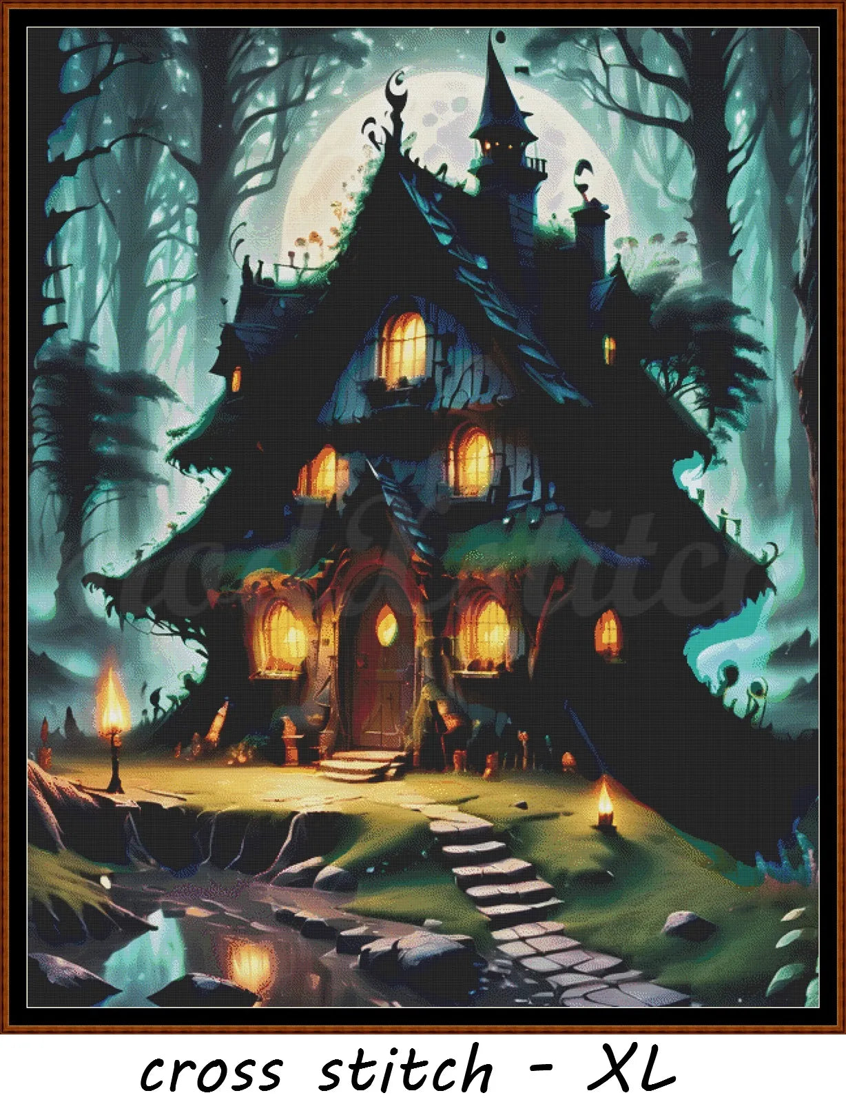 Witch's Cottage cross stitch pattern A unique and exclusive design to modXstitch, conceived and expertly created with the help of AI, by Sam.