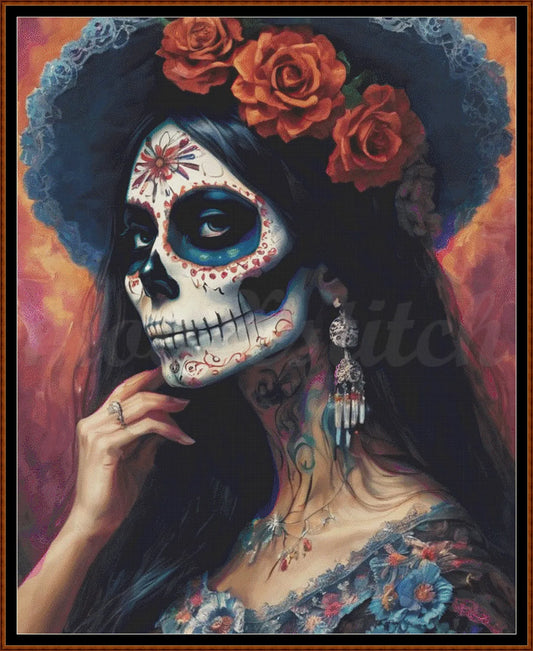 La Catrina Rose cross stitch pattern A unique and exclusive design to modXstitch, conceived and expertly created with the help of AI, by Sam.