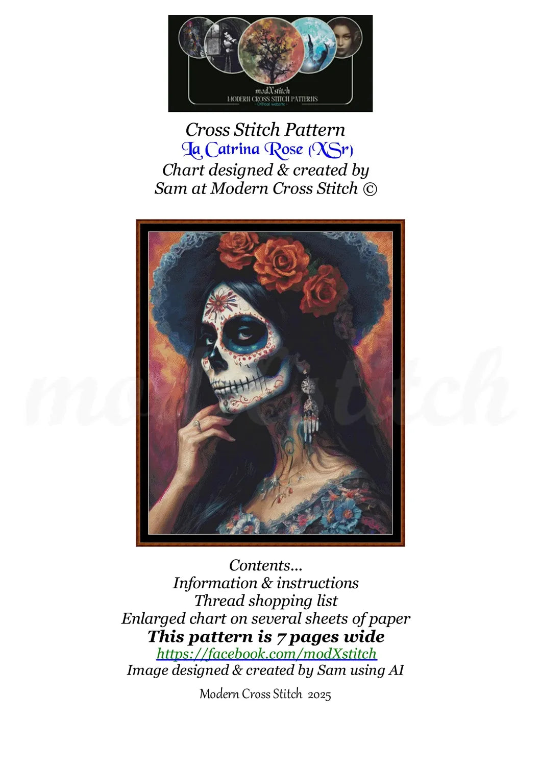 La Catrina Rose cross stitch pattern A unique and exclusive design to modXstitch, conceived and expertly created with the help of AI, by Sam.La Catrina Rose cross stitch pattern A unique and exclusive design to modXstitch, conceived and expertly created with the help of AI, by Sam.