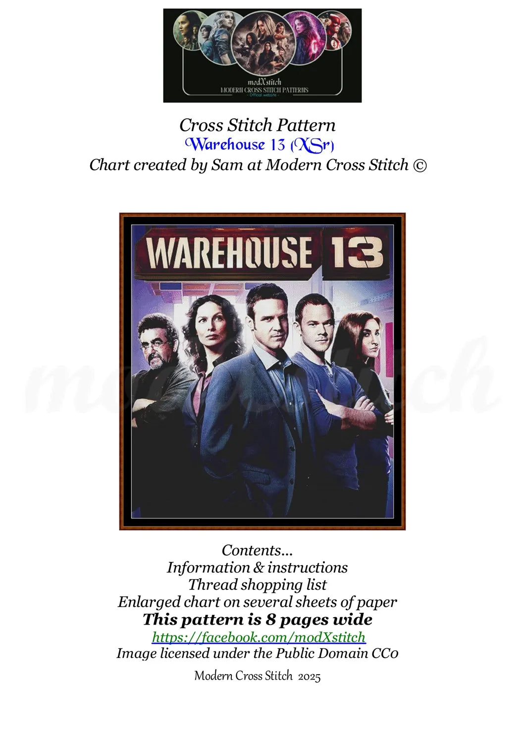 Warehouse 13 cross stitch pattern Warehouse 13 is a fantasy TV cross stitch pattern that comes as a full coverage pattern with absolutely no back-stitching or pesky half-stitches. Warehouse 13 is available in 2 different design sizes - cross stitch regular & XL And each sale includes both B&W and colour charts