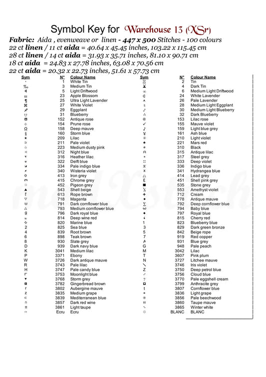 Warehouse 13 cross stitch pattern Warehouse 13 is a fantasy TV cross stitch pattern that comes as a full coverage pattern with absolutely no back-stitching or pesky half-stitches. Warehouse 13 is available in 2 different design sizes - cross stitch regular & XL And each sale includes both B&W and colour charts