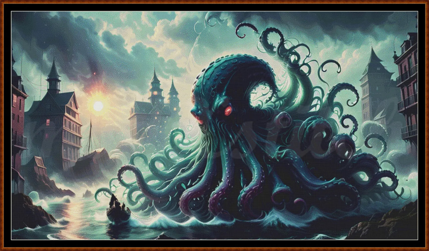 Kraken Attack cross stitch pattern A unique and exclusive design to modXstitch, conceived and expertly created with the help of AI, by Sam. Kraken Attack is a sea monster cross stitch pattern that comes as a full coverage pattern with absolutely no back-stitching or pesky half-stitches. Also,Kraken Attack is available in 2 different design sizes - cross stitch regular & XL And each sale includes both B&W and colour charts
