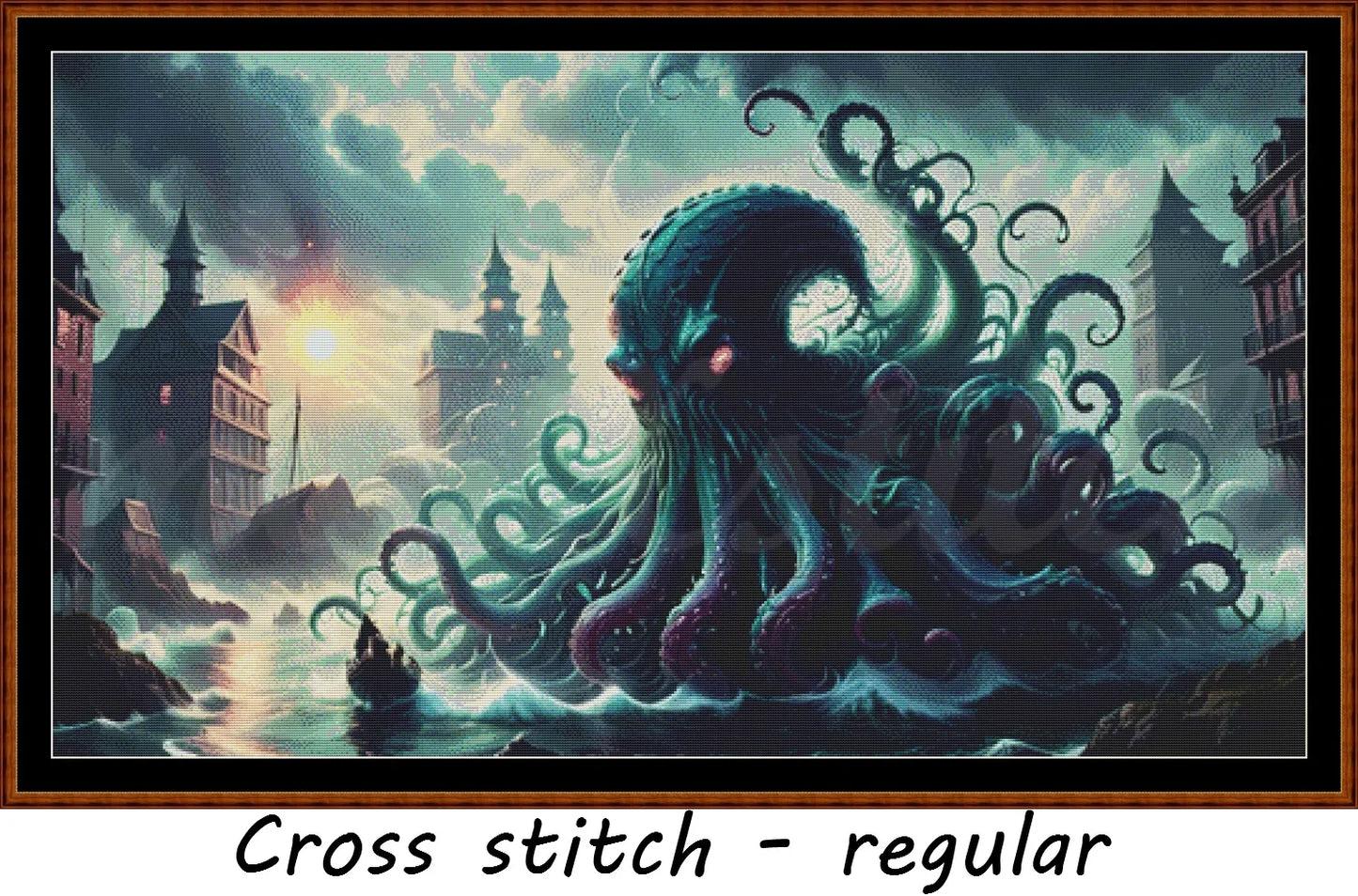 Kraken Attack cross stitch pattern A unique and exclusive design to modXstitch, conceived and expertly created with the help of AI, by Sam. Kraken Attack is a sea monster cross stitch pattern that comes as a full coverage pattern with absolutely no back-stitching or pesky half-stitches. Also,Kraken Attack is available in 2 different design sizes - cross stitch regular & XL And each sale includes both B&W and colour charts