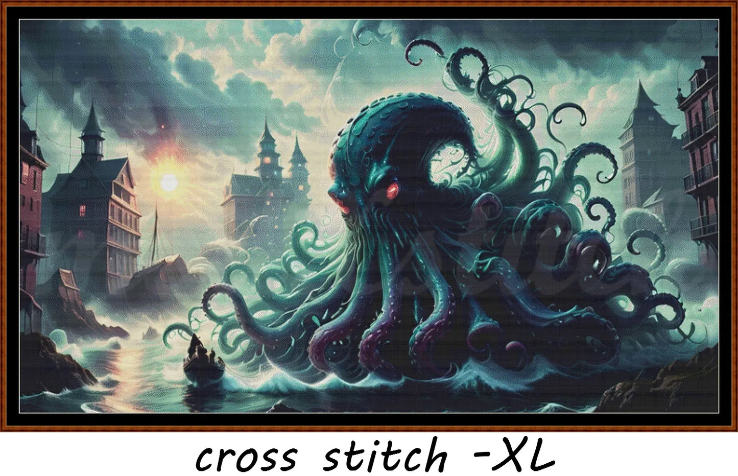 Kraken Attack cross stitch pattern A unique and exclusive design to modXstitch, conceived and expertly created with the help of AI, by Sam. Kraken Attack is a sea monster cross stitch pattern that comes as a full coverage pattern with absolutely no back-stitching or pesky half-stitches. Also,Kraken Attack is available in 2 different design sizes - cross stitch regular & XL And each sale includes both B&W and colour charts