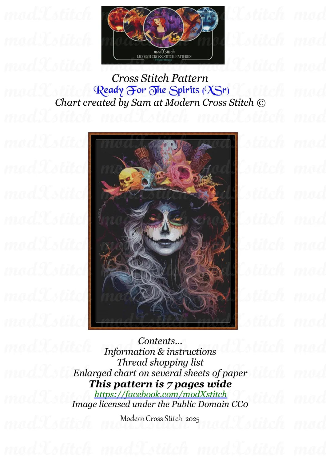 Ready For The Spirits cross stitch pattern A unique design to modXstitch, expertly created by Sam. Ready For The Spirits is a sugar skull cross stitch pattern that comes as a full coverage pattern with absolutely no back-stitching or pesky half-stitches. Also, Ready For The Spirits is available in 2 different design sizes - cross stitch regular & XL And each sale includes both B&W and colour charts