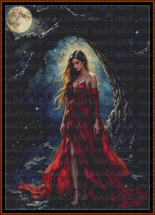 Lady In Red cross stitch pattern A unique and exclusive design to modXstitch, conceived and expertly created with the help of AI, by Sam. Lady In Red is a fantasy cross stitch pattern that comes as a full coverage pattern with absolutely no back-stitching or pesky half-stitches.