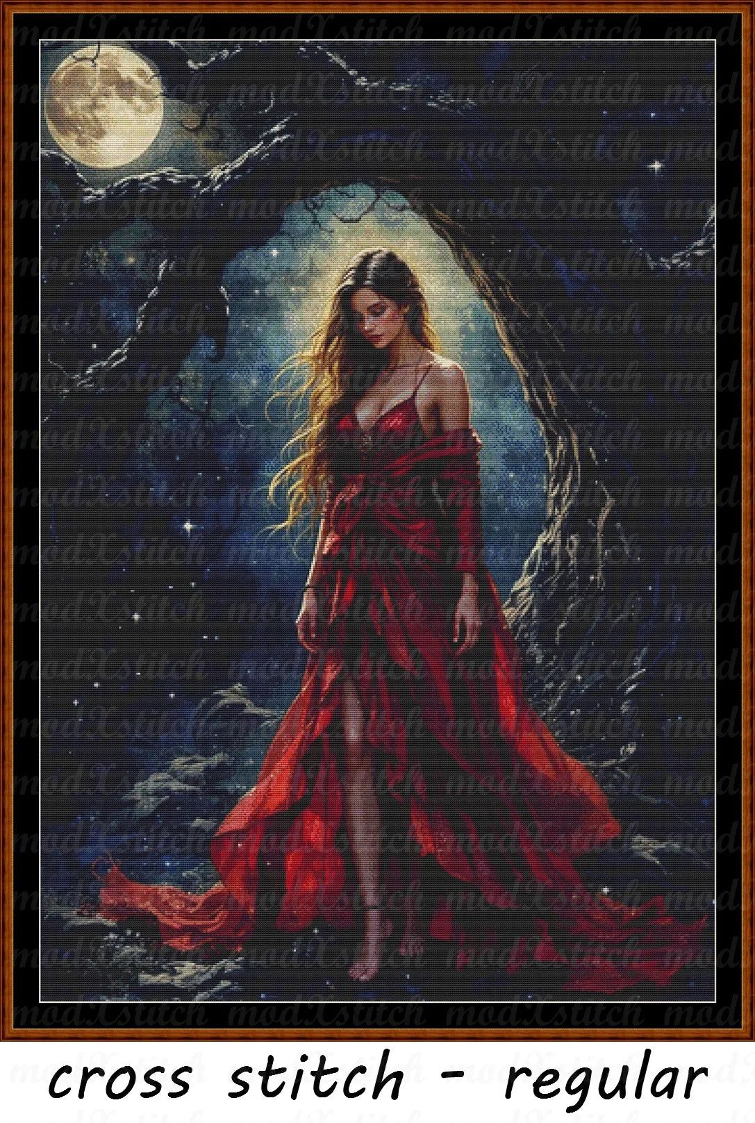 Lady In Red cross stitch pattern A unique and exclusive design to modXstitch, conceived and expertly created with the help of AI, by Sam. Lady In Red is a fantasy cross stitch pattern that comes as a full coverage pattern with absolutely no back-stitching or pesky half-stitches.