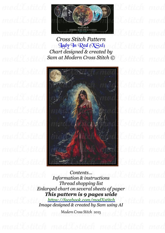 Lady In Red cross stitch pattern A unique and exclusive design to modXstitch, conceived and expertly created with the help of AI, by Sam. Lady In Red is a fantasy cross stitch pattern that comes as a full coverage pattern with absolutely no back-stitching or pesky half-stitches.