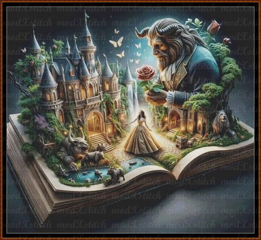 Fairytale Book cross stitch pattern A unique design to modXstitch, expertly created by Sam. Fairytale Book is a beauty and the beast cross stitch pattern that comes as a full coverage pattern with absolutely no back-stitching or pesky half-stitches.
