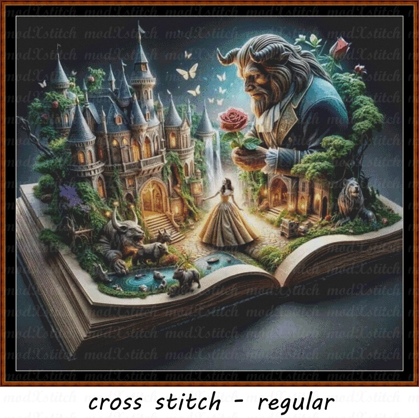 Fairytale Book cross stitch pattern A unique design to modXstitch, expertly created by Sam. Fairytale Book is a beauty and the beast cross stitch pattern that comes as a full coverage pattern with absolutely no back-stitching or pesky half-stitches.