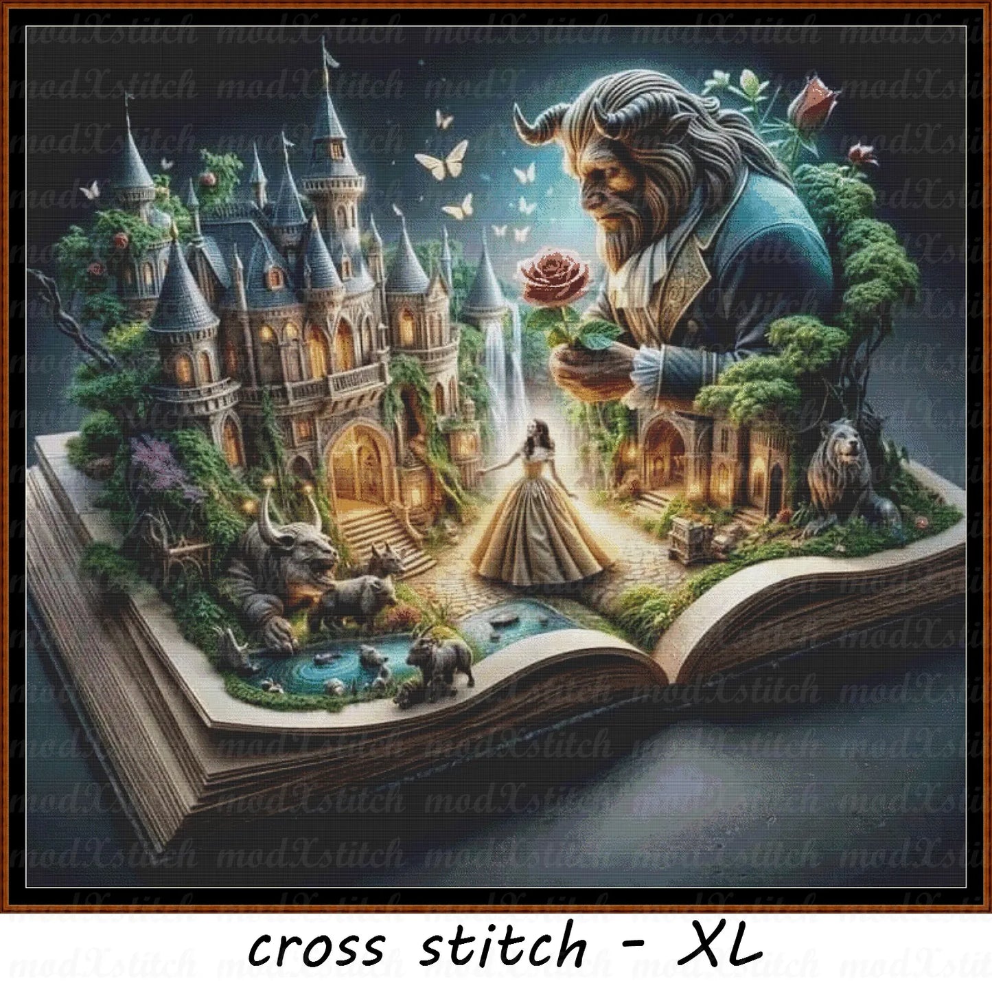Fairytale Book cross stitch pattern A unique design to modXstitch, expertly created by Sam. Fairytale Book is a beauty and the beast cross stitch pattern that comes as a full coverage pattern with absolutely no back-stitching or pesky half-stitches.