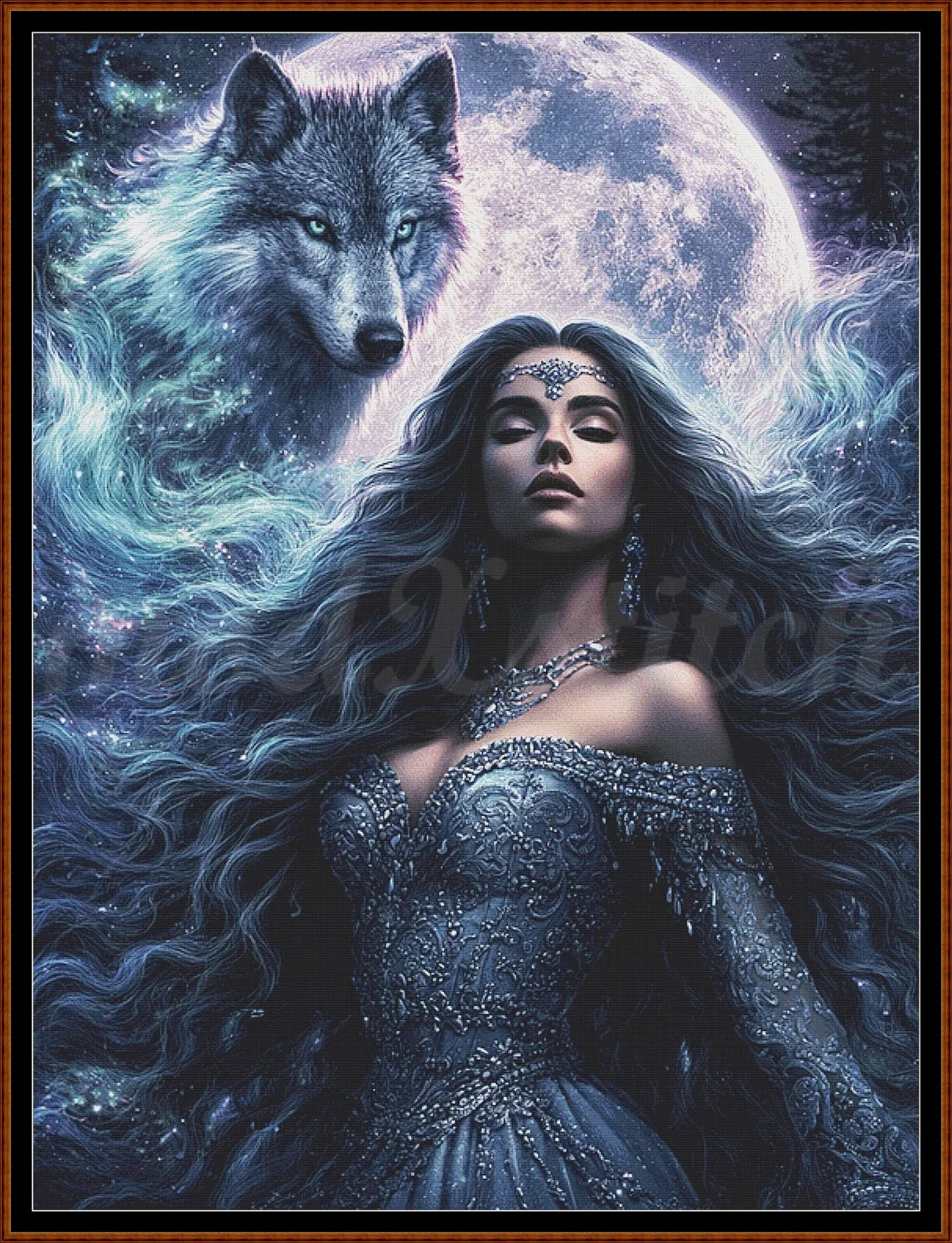 Fantasy artwork of a woman with long flowing dark hair wearing an ornate blue gown, seated in front of a large moonlit sky with a wolf behind her. The scene is framed by a thin brown border.