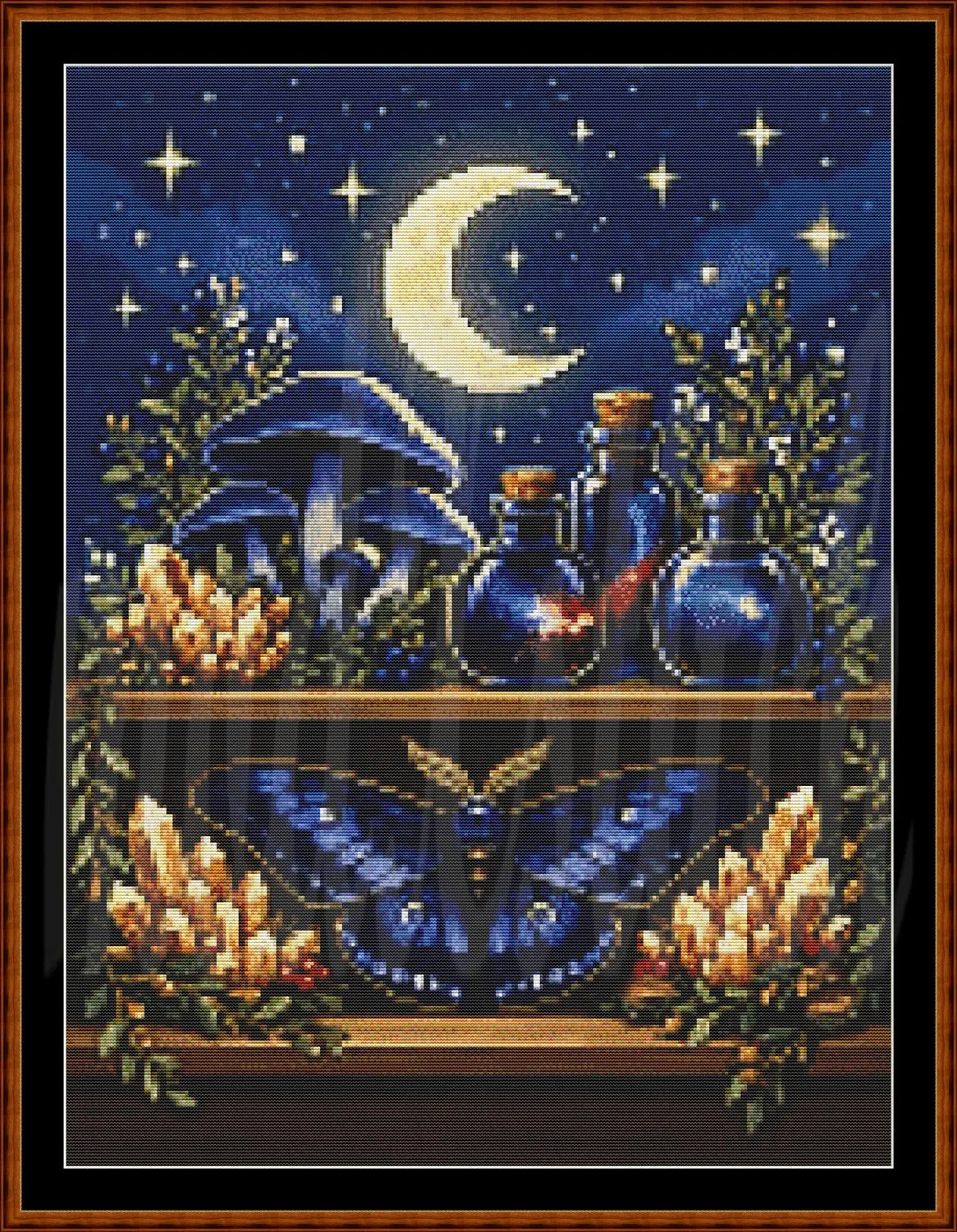 A framed needlepoint or cross-stitch style artwork showing a mystical night scene with a crescent moon, stars, blue mushrooms, blue potion bottles, a large blue moth, and glowing crystals on a shelf.