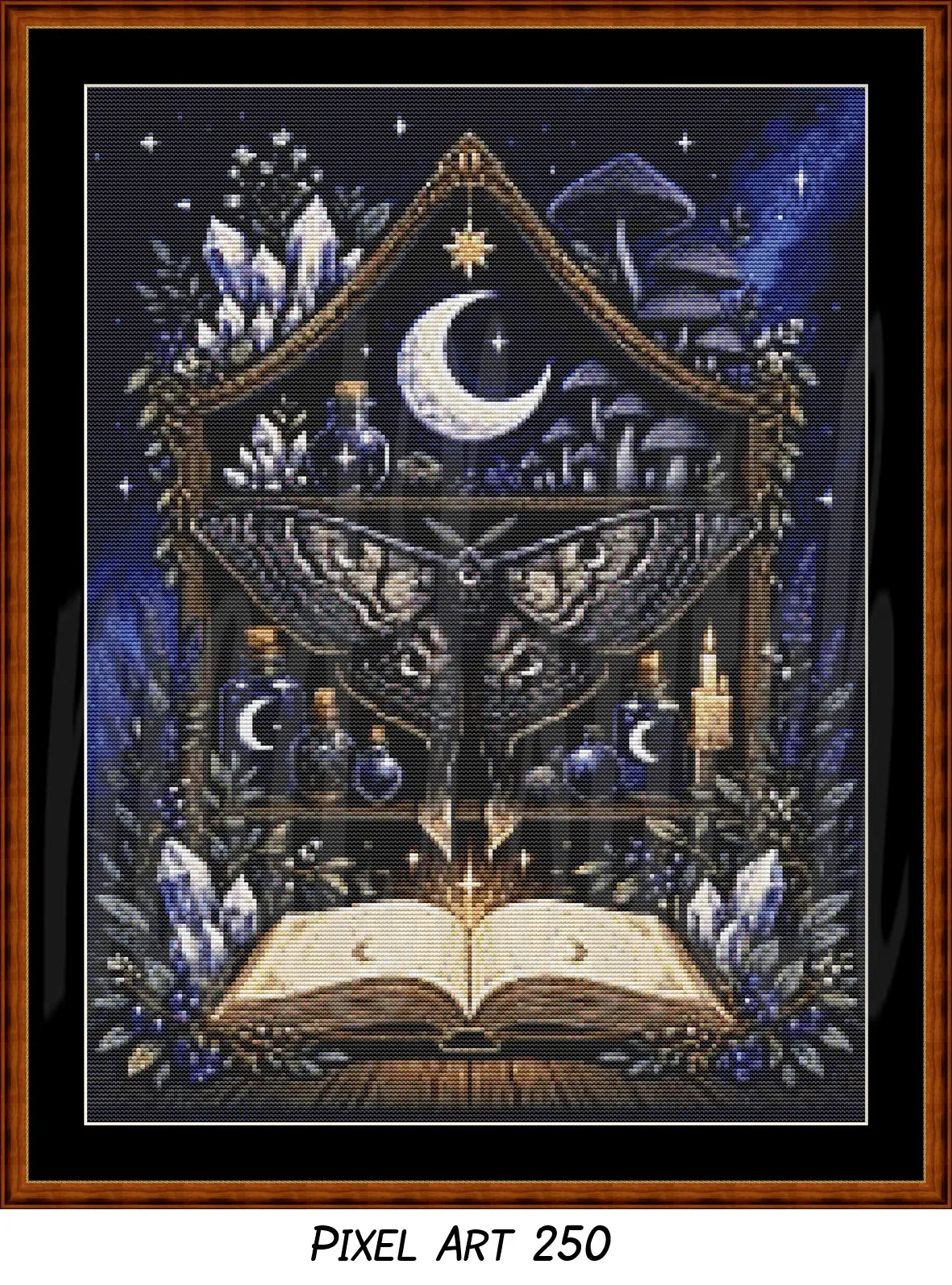 Framed pixel art cross stitch (250 stitch version) of witch's shelf with celestial and magical details