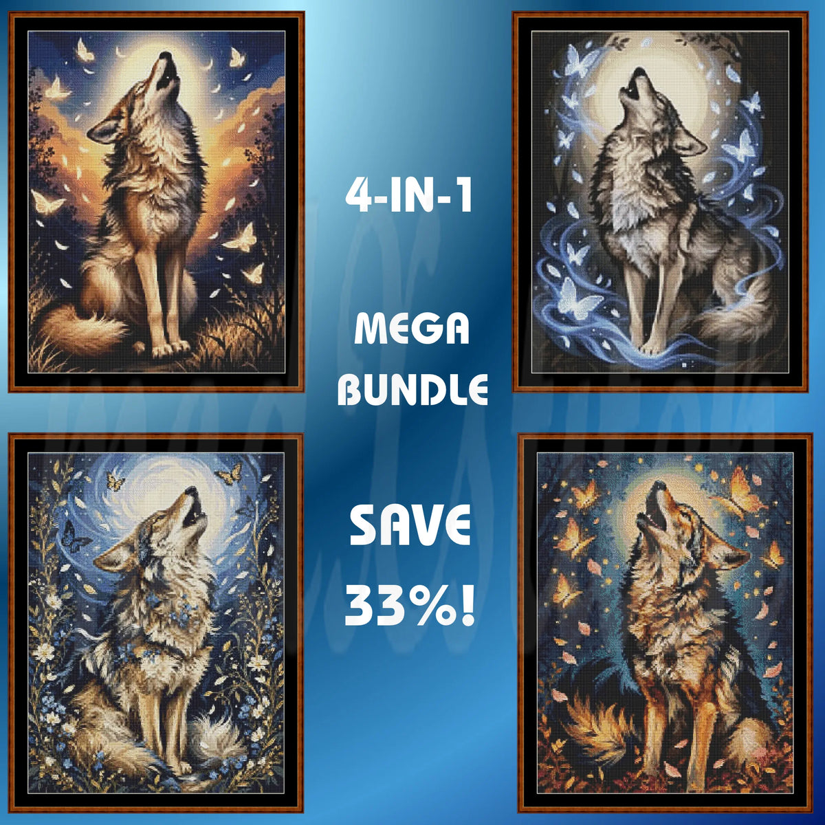 A promotional collage showing four framed wolf artwork panels arranged around central text that reads '4-IN-1 MEGA BUNDLE' and 'SAVE 33%!'. The product appears to be a bundle of four framed wall art pieces featuring painted wolves in different colorways against moonlit backgrounds.