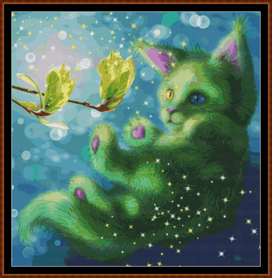 Green cat patterns are expertly created from art by Irina Pirogova under Public Domain CC0 license