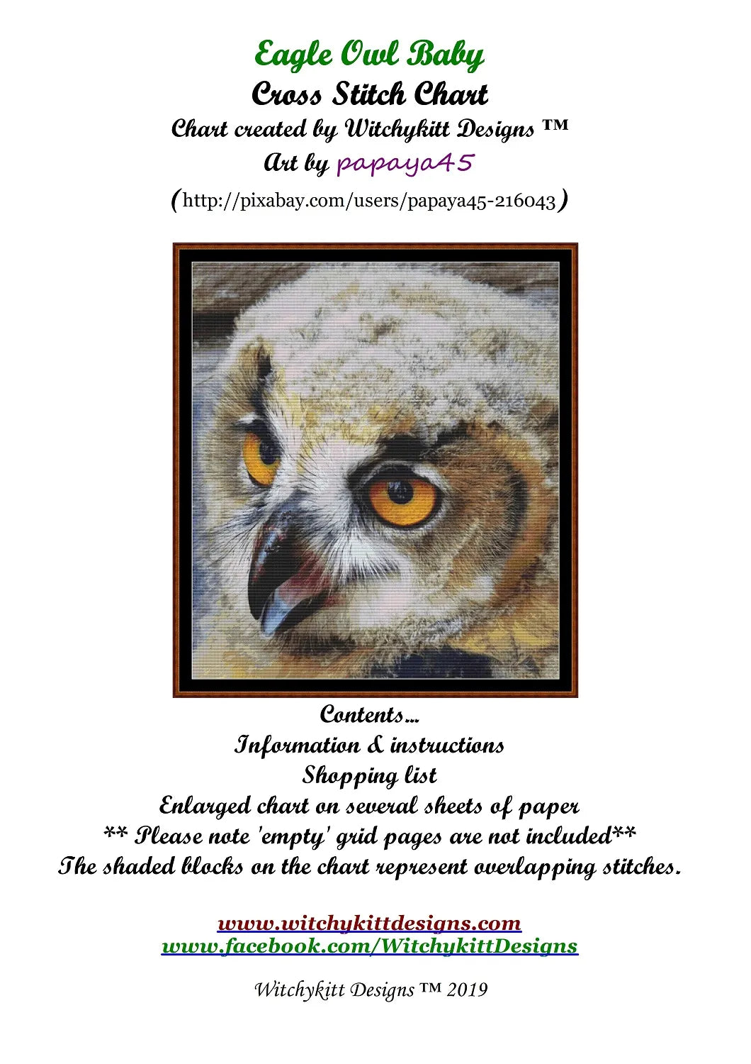 Eagle Owl Baby cross stitch patterns are expertly created from art by Sabine Löwer (papaya45) under CC0 license