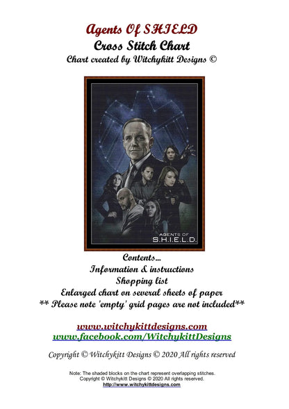 Expertly created patterns by Sam. - Agents Of SHIELD cross stitch patterns Agents Of SHIELD is a superhero Marvel pattern that comes as a full coverage pattern with no back-stitching. Additionally, Agents Of SHIELD is available in 2 different design sizes - cross stitch small & regular Each sale includes the B&W chart