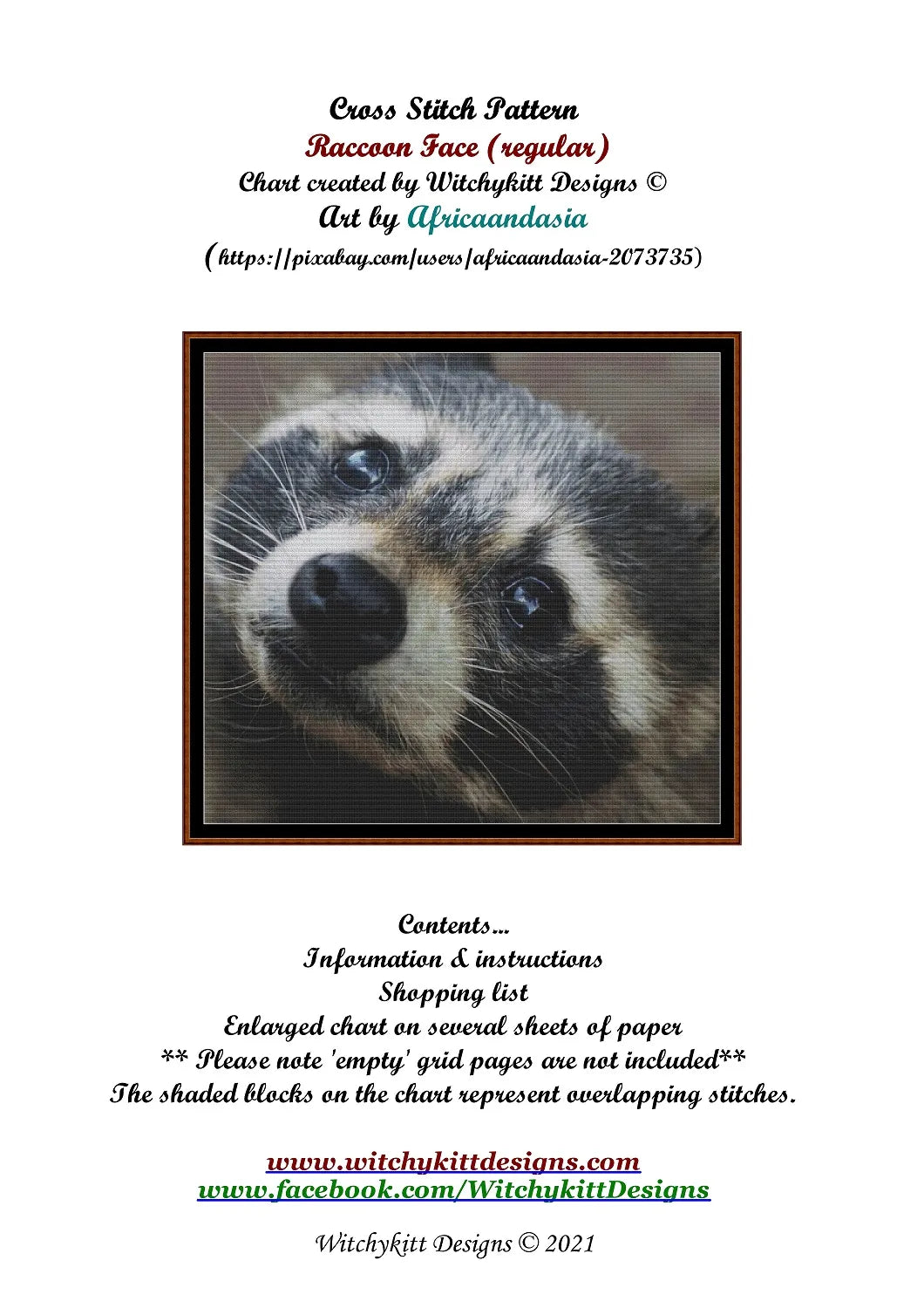 Raccoon cross stitch patterns are expertly created from art by Markus Wagner (Africaandasia) under CC0 license