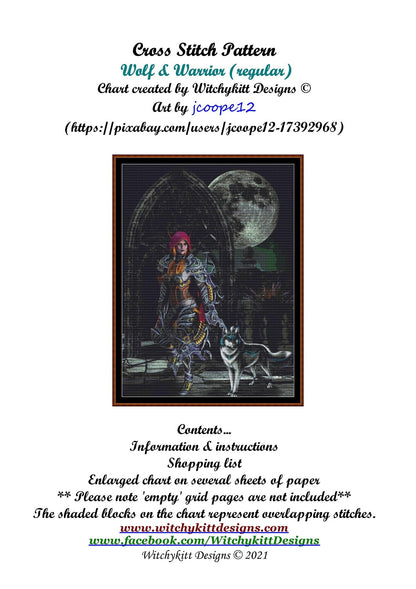 Wolf & Warrior cross stitch patterns are a fantasy design expertly created from art by Jim Cooper under Public Domain CC0 license