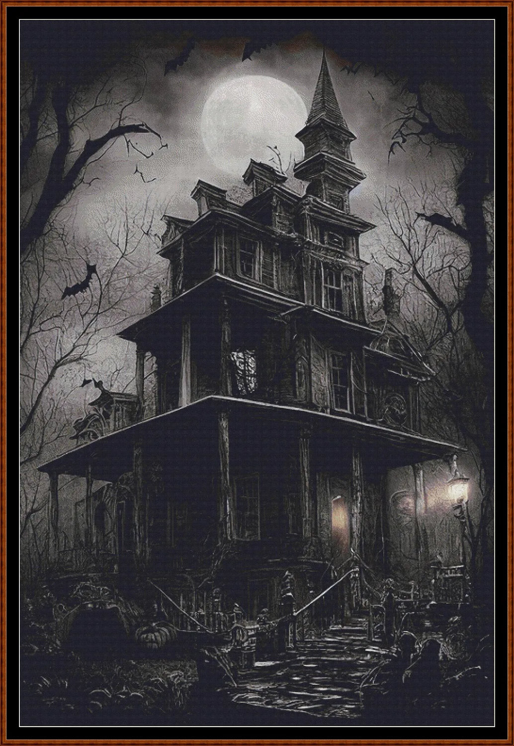 Haunted Mansion cross stitch pattern is a spooky design and is expertly created from art by Hansuan Fabregas under Public Domain CC0 license