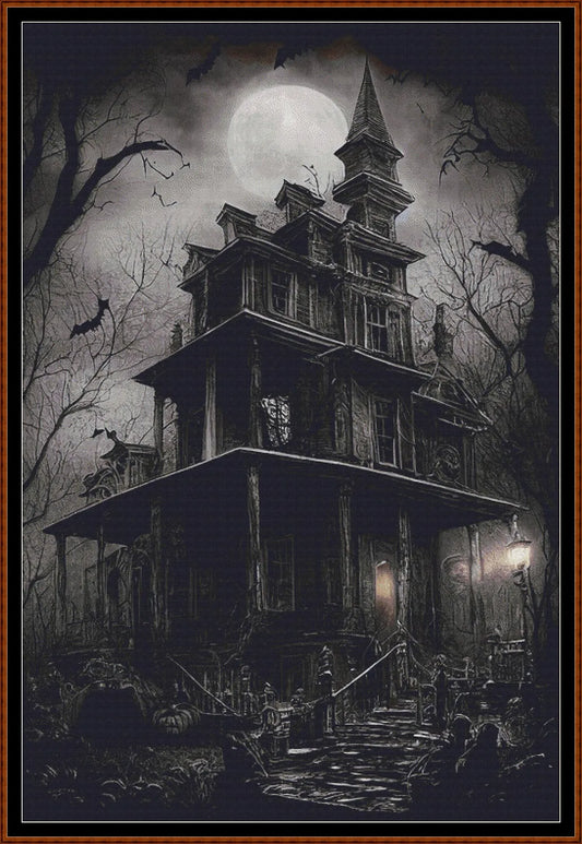 Haunted Mansion cross stitch pattern is a spooky design and is expertly created from art by Hansuan Fabregas under Public Domain CC0 license