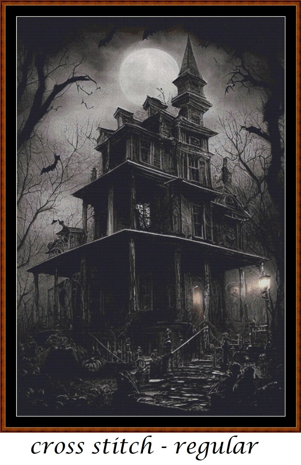 Haunted Mansion cross stitch pattern is a spooky design and is expertly created from art by Hansuan Fabregas under Public Domain CC0 license