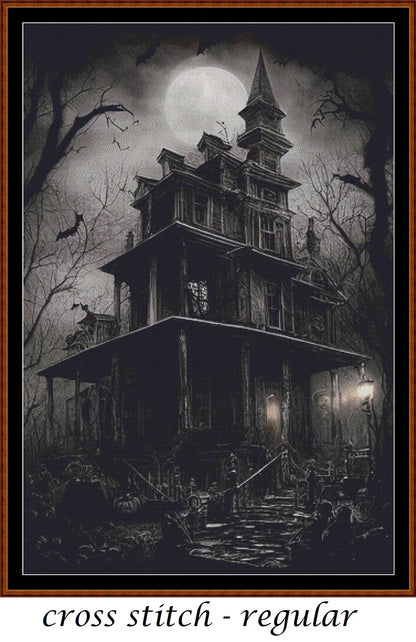 Haunted Mansion cross stitch pattern is a spooky design and is expertly created from art by Hansuan Fabregas under Public Domain CC0 license