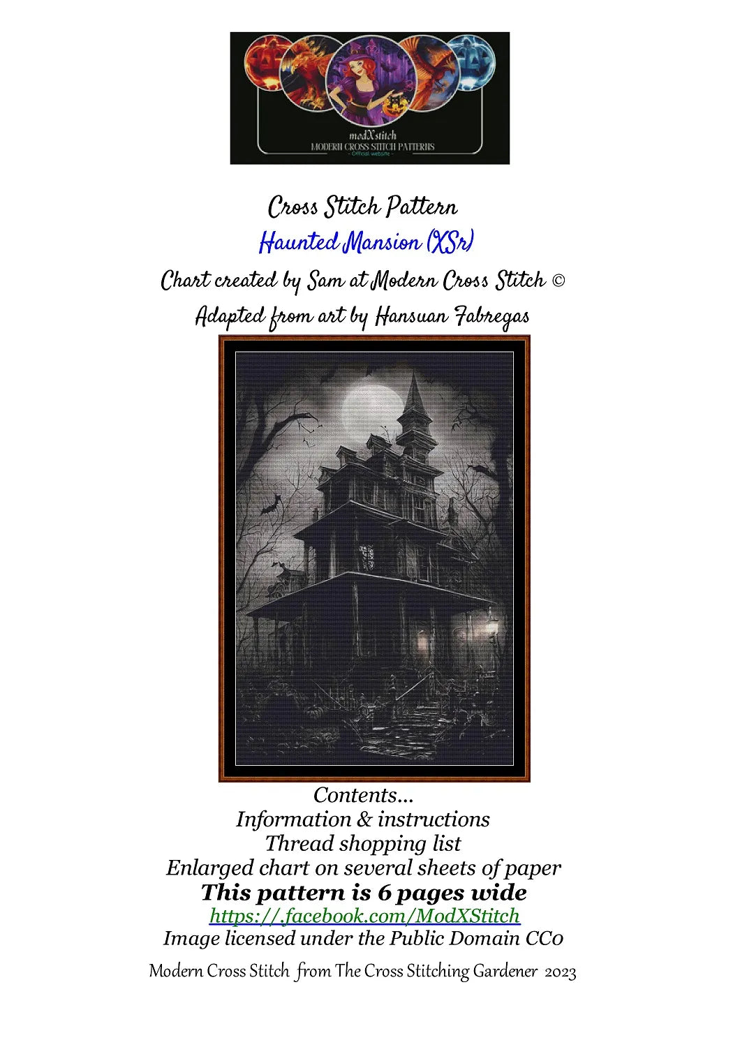 Haunted Mansion cross stitch pattern is a spooky design and is expertly created from art by Hansuan Fabregas under Public Domain CC0 license