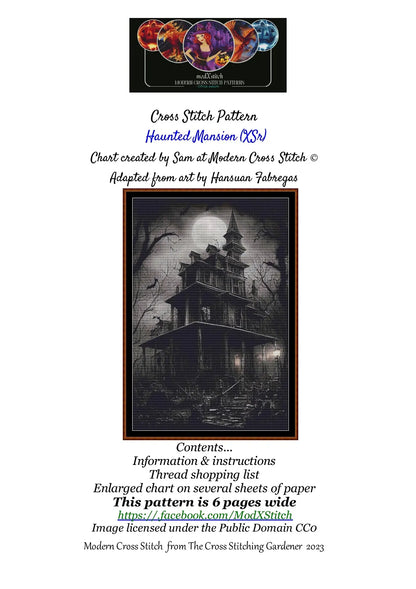 Haunted Mansion cross stitch pattern is a spooky design and is expertly created from art by Hansuan Fabregas under Public Domain CC0 license