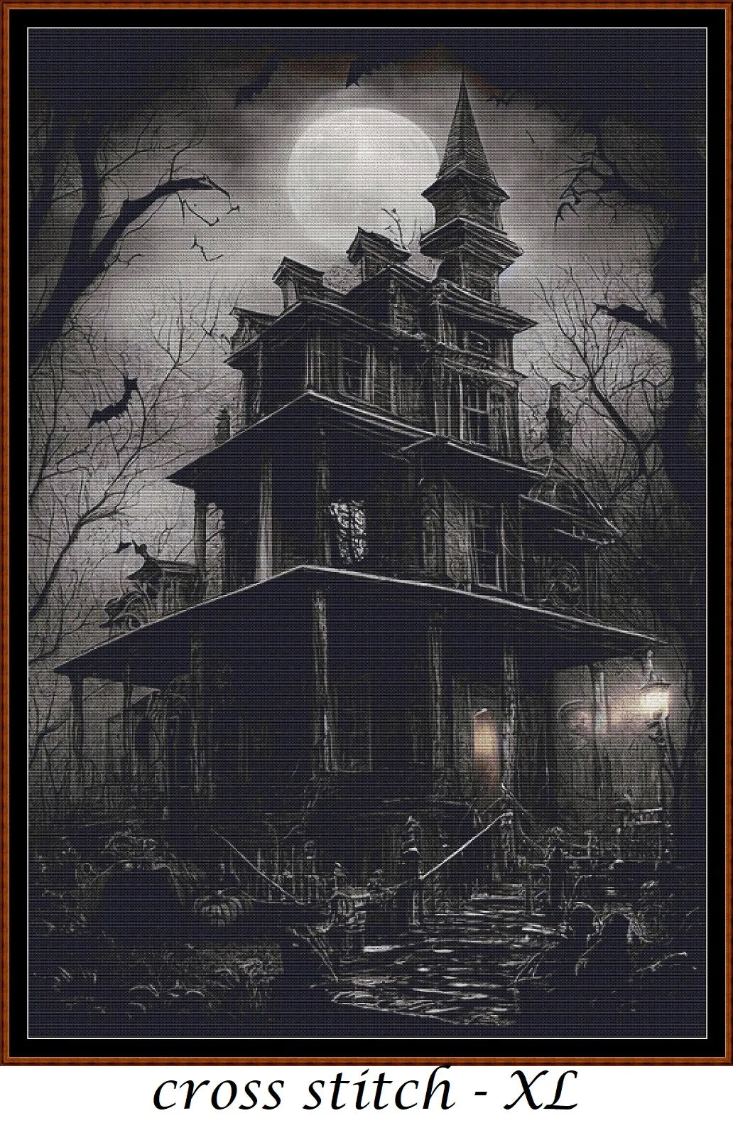 Haunted Mansion cross stitch pattern is a spooky design and is expertly created from art by Hansuan Fabregas under Public Domain CC0 license